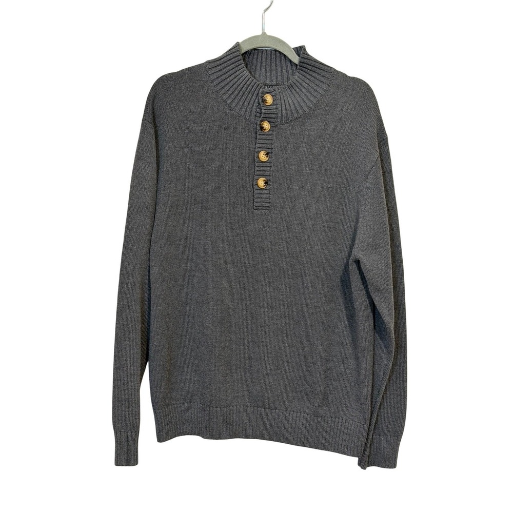 Kallspin Mens Mock Neck Henley Wool Blend Sweater Charcoal Grey Button Knit XL